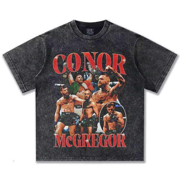 

2025 Conor McGregor Washed Vintage Direct Print Small Collar Short Sleeve Oversized Fit Crossover 100% Cotton T-Shirt, Washed black short sleeve