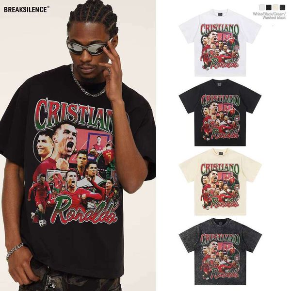 

2025 Cristiano Ronaldo Portugal Football Short Sleeve Cross-Country Casual Washed Heavyweight 210g Pure Cotton T-Shirt, Apricot short sleeve