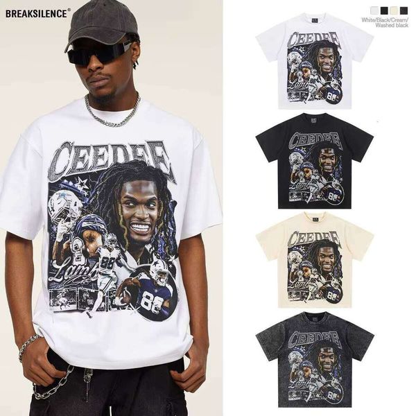 

2025 Spring/Summer Trend Oversized Sidiram American Football Heavy Print Short Sleeve Direct Injection Casual Loose T-Shirt, Black short-sleeve