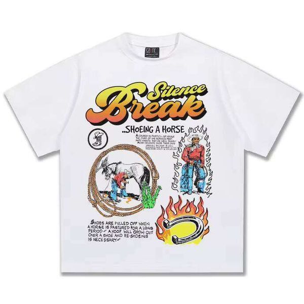 

2025 Summer Cross-Cultural American Denim Graffiti 300g Heavy Cotton Printed Men' Loose Fit Hip-Hop Style T-Shirt, White short sleeve