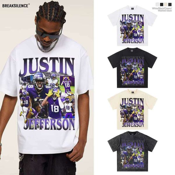 

Justin Jefferson American Heavy Football Print Short Sleeve 2025 Spring Summer New Cross-Cultural Trendy Casual Knit T-Shirt, Apricot
