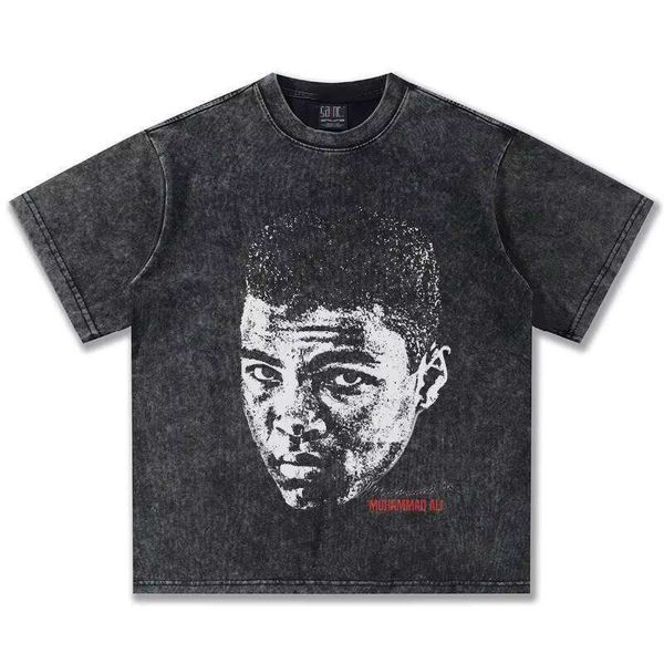 

2025 Cross-Border Boxing Ali Men' Heavy Washed Vintage Women' Short Sleeve American Style Small Neck 100% Cotton T-Shirt, Washed black short sleeve