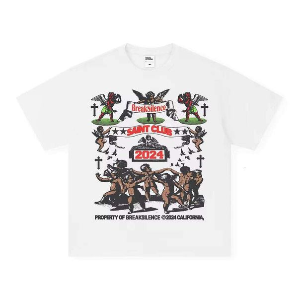 

Angel Club American Style Printed Short Sleeve Small Collar Cross-Border Pure Cotton Unisex T-Shirt, White short sleeve (small neckline)