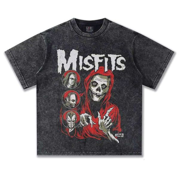 

2025 MISFITS Rock Band Heavy Cotton Knit T-Shirt New Spring Summer Fashion Oversized Short Sleeve Men's Digital, Washed black short sleeve