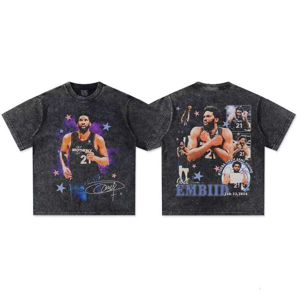 

2025 Embiid Basketball Small Collar Fashion Cross-Collab Print Heavy Short Sleeve Oversized T-Shirt, Black short-sleeve