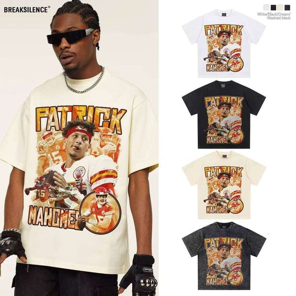 

Cross-Border New Mahomes Football 300g Heavy Washed Vintage Short Sleeve Printed Pattern Small Neckline T-Shirt, Apricot