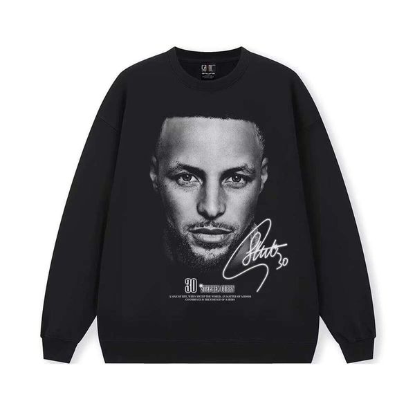 

American Cross-Cultural Curry Celebrity Pullover Hoodie Sweater 100% Cotton Heavy Winter Wool T-Shirt 400g Loose Neck, Black crewneck sweatshirt