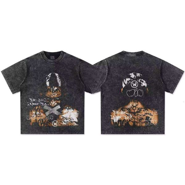 

2025 American Cross-Cultural Graffiti Print Hip-Hop T-Shirt Men' O-Neck Knit Character Old Heavy Wash New Rodman, Black short-sleeve