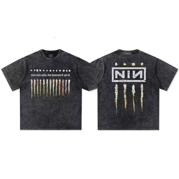 

2025 Summer 9inch Nail Print Men's Casual Style American 300g Heavyweight Pure Cotton Cross-Border Short Sleeve T-Shirt, Washed black short sleeve
