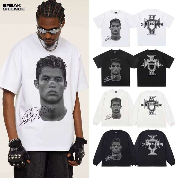 

2025 Ronaldo Heavyweight Short Sleeve Crossover 300g Direct Injection American Street Fashion Unisex T-Shirt, Black short-sleeve