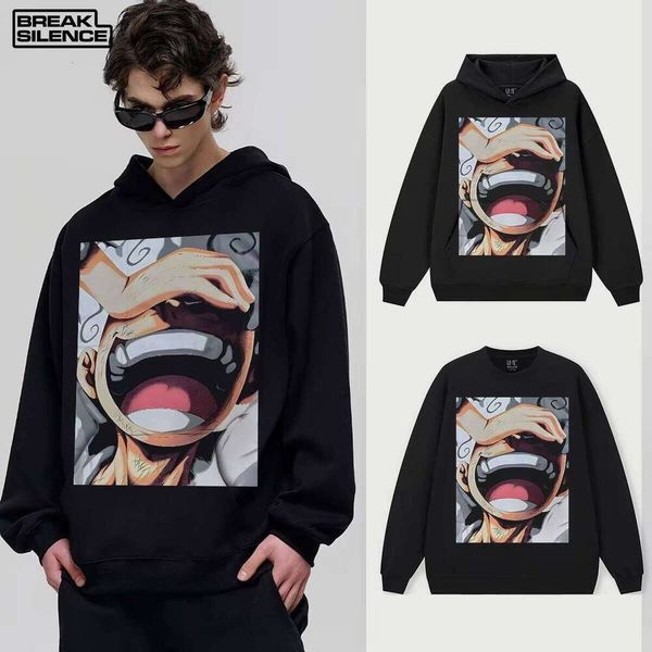 

American Style One-Piece Anime Cartoon Men's Heavy Hoodie Cross-Cultural Fashion Unisex Print, Black crew neck sweatshirt