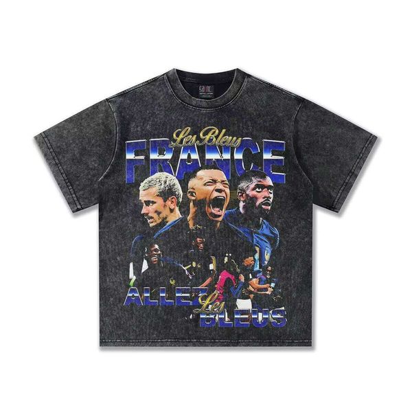 

2025 Spring Summer Oversized Thick Cotton Unisex French Football Print Small Neck Short Sleeve T-Shirt, Black short-sleeve