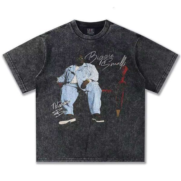 

Cross-Border Brand Spring Summer BIGGIE Old Short Sleeve Fashion American Heavy 300g Crew Neck New T-Shirt, Black short sleeve