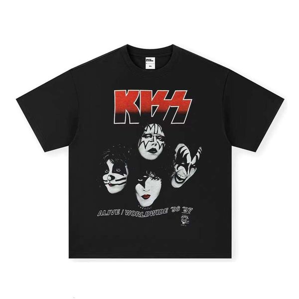 

Kiss Rock Band Sweatshirt 100% Cotton American Crossover Print Short Sleeve Crew Neck Unisex T-Shirt, Black short-sleeved (small neckline)