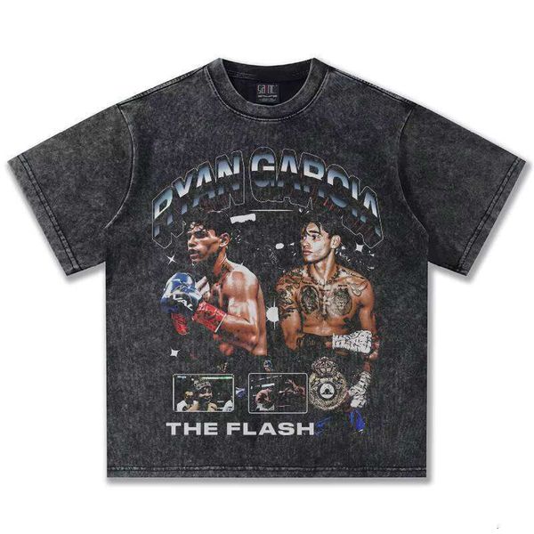 

Ryan Gecia Washed Vintage Short Sleeve 100% Cotton American Heavy Direct Spray Print Small Collar Oversized Sweatshirt Fitted T-Shirt, White short sleeve