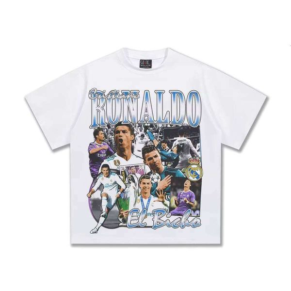 

2025 Ronaldo Football Men's and Women's 100% Cotton Short Sleeve American Style Heavy Direct Print Small Collar Crossover T-Shirt, Black short-sleeve