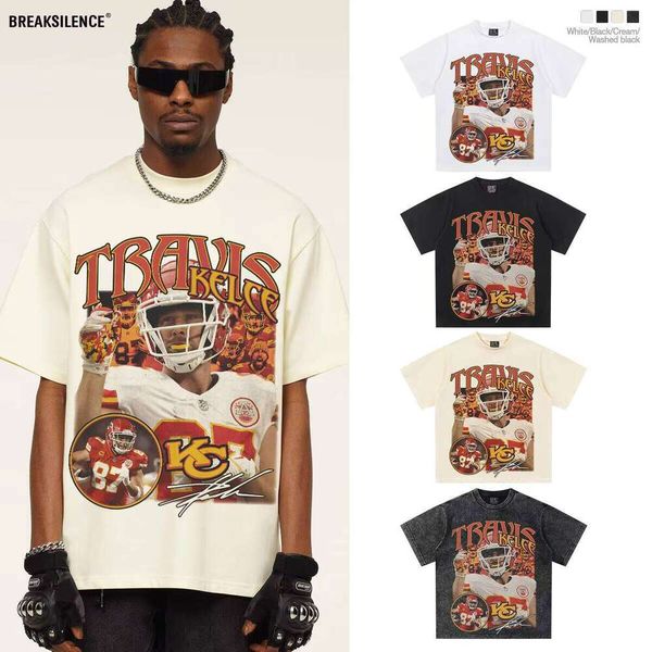 

2025 Kelsey American Football Heavyweight 280g Washed Vintage Cotton Casual Short Sleeve Oversized Knit Character, Apricot