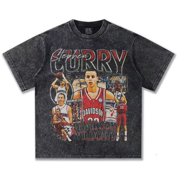 

2025 Spring/Summer Series Curry Basketball Star Print T-Shirt 100% Cotton Washed Vintage Small Neck Oversized Fit, White short sleeve