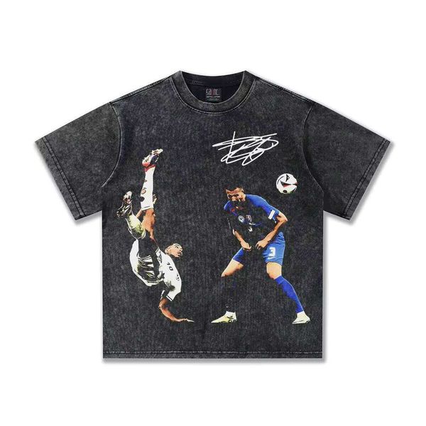 

2025 Spring/Summer Series American Style Pure Cotton Men' Short Sleeve Crew Neck White Ink Direct Spray Printed T-Shirt, Washed black short sleeve