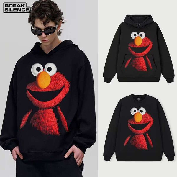 

Sesame Street Elmo Direct Injection Trendy Unisex Hoodie Crossover Collar Heavyweight Wool, Black crew neck sweatshirt