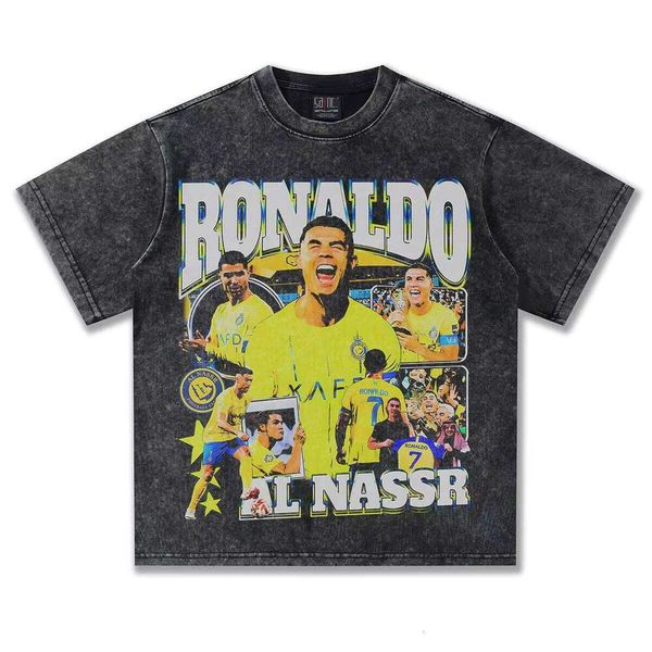 

2025 Direct Injection Print 100% Cotton T-Shirt Heavy Wash Old School Ronaldo Football Short Sleeve Oversized Fit, White short sleeve