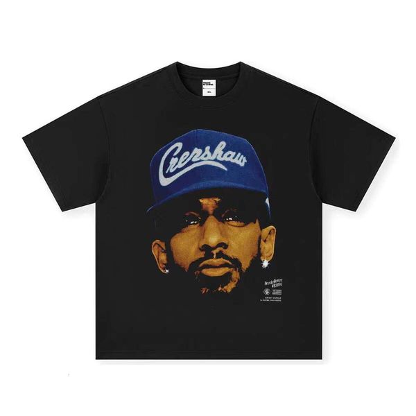 

Autumn New Men's Thick Short Sleeve 100% Cotton Hip-Hop Rap Nipsey American Style Street Print T-Shirt, Washed black long sleeve (small collar)
