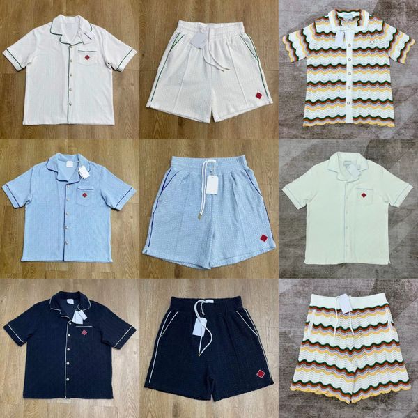 

25ss casabalnc tide new chest pocket pearl jacquard cotton short-sleeved cardigan shirt top loose men' and women luxury designer knit drawstring straight shorts set, Orangered