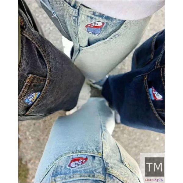 

Men's Jeans Big Boy Y2K Pants Trendy Hip Hop Cartoon Embroidery Retro Black Baggy Men Women Skateboard High Waisted Wide Trouser, Silver