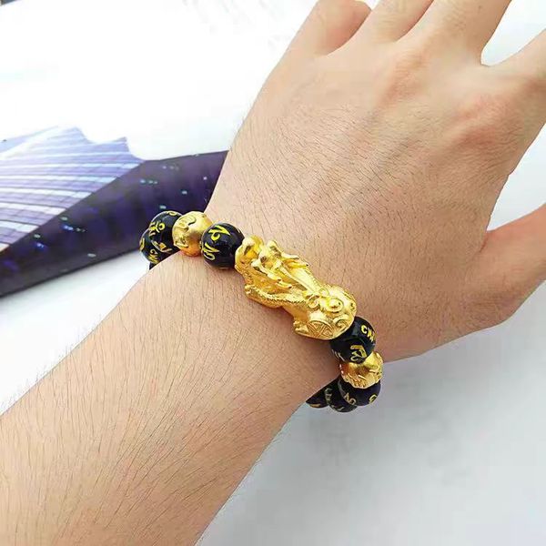 

Gold Pixiu Charm Bracelet FengShui Designer Bangle Men Women Jewelry Black Obsidian Six Character Proverbs Beads Bracelet Wealth and Good Luck Bijoux Luxe Gift