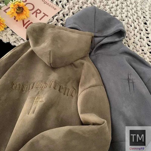 

Men's Hoodies 2025 Streetwear Vintage Embroidered Suede Hooded Sweatshirt High Quality Hoodie Fashion Hip Hop Unisex Pullover Clothe, Gray