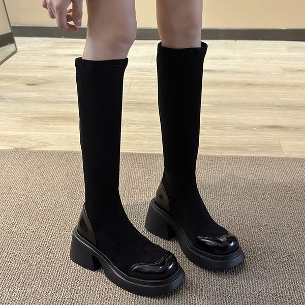 

thick soled high heels ladies stretchy kneehigh booties, Black