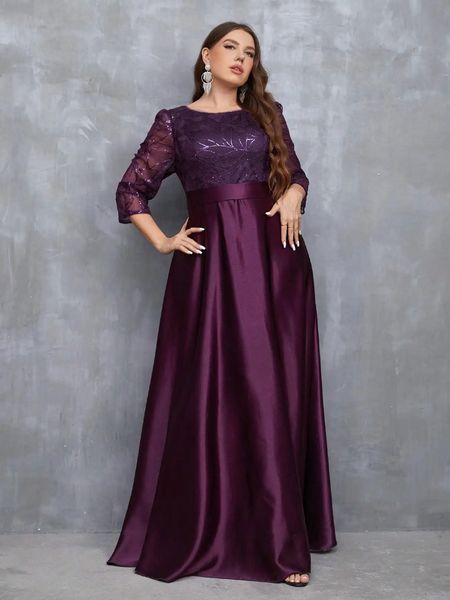satin long gown ball dress Party dress Bridesmaid dress Crew neck long sleeve sequin patchwork