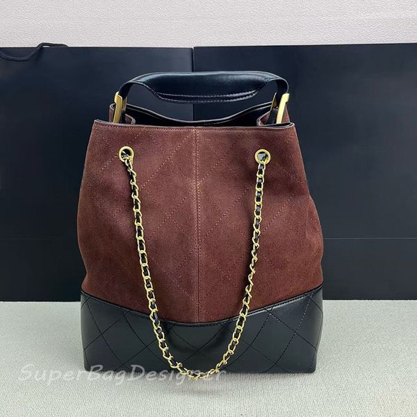 

7A food basket Luxury Designer Tote Bag Suede Double Chain Crossbody Bag Genuine Leather Women's Shoulder Bag Wallet Retro Brown Diamond Grid Shopping Bag Bucket bag, Grey