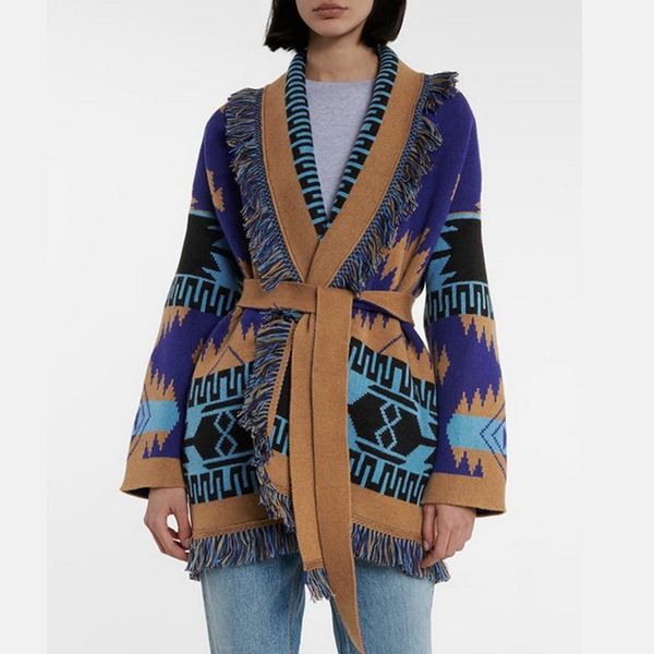 

853971G01 Women's Outerwear & Coats Autumn and Winter Long Sleeves Cape Wool Blend Knitted Cardigan Loose Bohemian Vintage Jacquard, Beige
