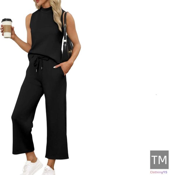 

2025 Designer Women's Clothing Two Piece for Women Summer Lounge Sets Mock Neck Tops Wide Leg Crop Pants Vacation Travel Outfits Fast delivery, Royal blue