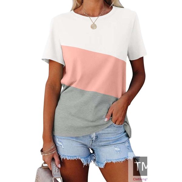 

Women's T Shirts Short Sleeve Color Block/Solid Tops Casual Summer Tees, A-white-pink-gray