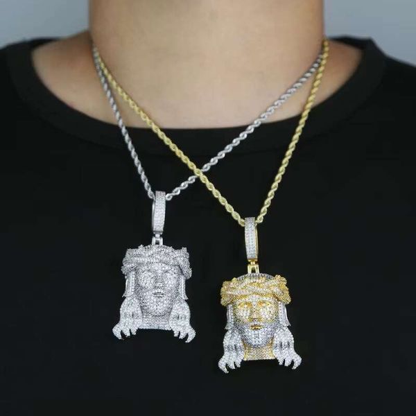 Huge Two Tone Spooky Silver Jesus Hair Head Zircon Crown Charm Iced Out Jumbo Pendant Cubic Zirconia Necklace