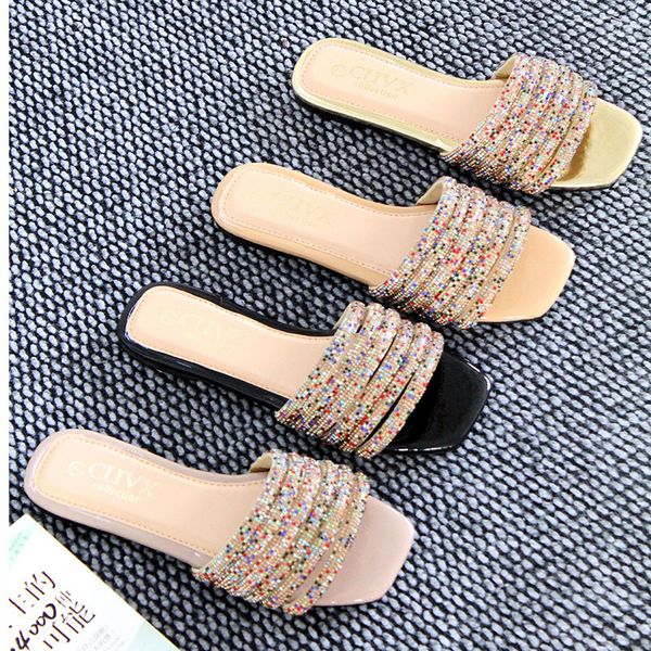 

Ladies slippers light luxury sparkling diamond summer fashion slippers one line versatile beach shoes, Black