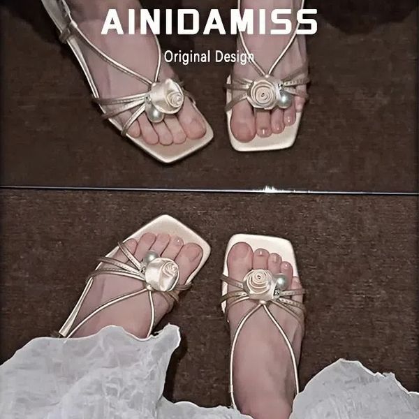 

exquisite camellia dew toed sandals for womens new summer style square headed stiletto heels, Champagne
