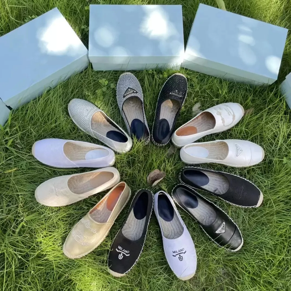 AAA Designer Pumps Women Dress Shoes Luxury Triangle Logo Hemp Espadrilles Almond-toe Flat Heel EU35-41 With Box