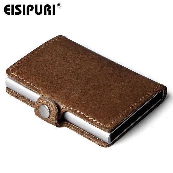 EISIPURI Men Blocking RFID Wallet Mini Genuine Cow Leather Aluminum Credit Card Holder Purse Automatic Pop Up Card Case W250620
