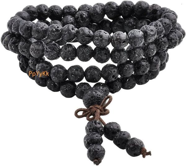 

Attract Prosperity Natural Lava Rock Stone Healing Gemstone Buddhist Consecration 108 Prayer Beads Tibetan Mala Bracelet Necklace