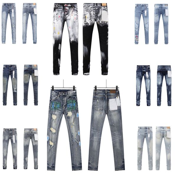 

Men's Jeans Purples Men Fashion Americans High Street Retro Wash Distressed Graffiti Ripped Hole Patch Stretch Skinny JeansBrand, P2-1