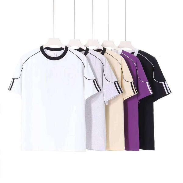 

Summer Clothing 250g 100% Cotton New Color Block Short Sleeve Casual Loose T-Shirt mens Wholesale, Rice apricot/seed black