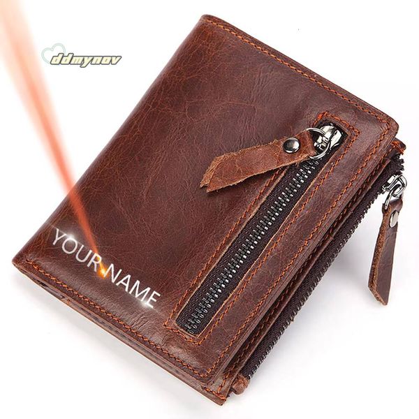 Wallets Free Name Engraving 100% Genuine Cow Leather Short Card Holder Men Purse Double Zipper Male Wallet ddmynov