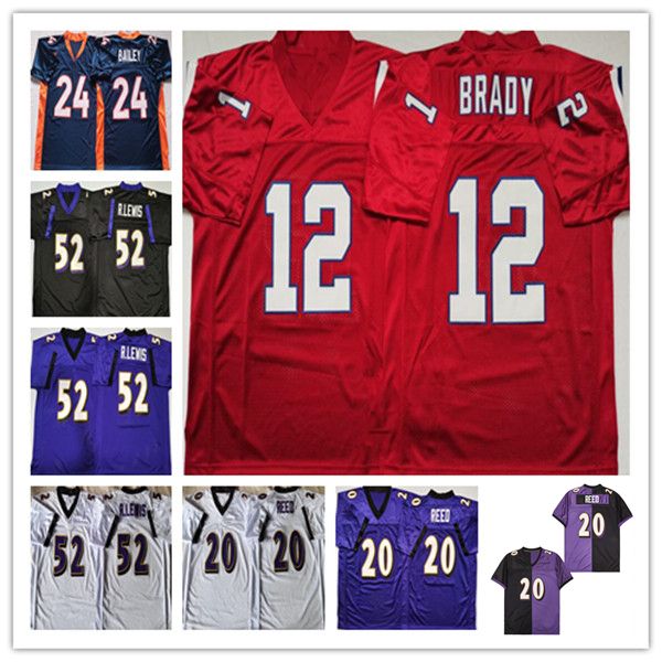 

Throwback American Football Jersey 12 Tom Brady 20 Ed Reed 52 Ray Lewis 24 Champ Bailey Stitched Black Purple White Red Blue Retro Uniforms, As pic 6