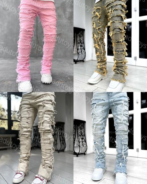 

Designer Ksubi Men's Loose Pants High Waist Mens Jeans stack Ripped Retro Paint Spot Patch Hole Denim Motorcyc Stretch Silm Hip Hop jeans size 28-40, No.1