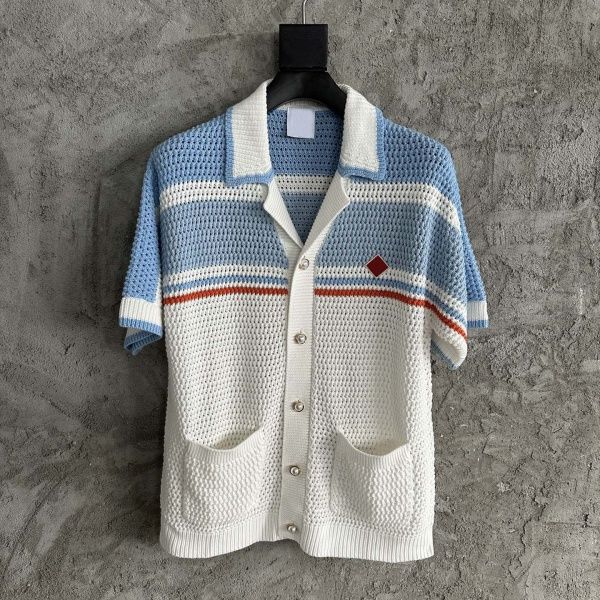 

25ss Casabalnc top quality new hipster pocket knit vintage men's and women's designer embroidered lapel pearl buttons striped openwork knit cardigan sweater coats tn, Lightcyan