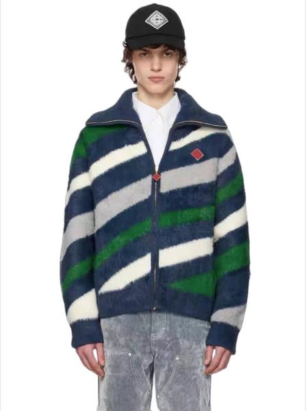 

coats 25ss casabalnc high quality trend new turtleneck lapel color clashing diagonal stripes men and women designer zipper wool knit cardigan sweater jacket tops tn, Lightyellow