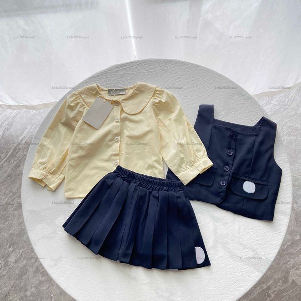 Classics girls dress suit baby Autumn Three piece set kids designer clothes Collar Cute Yellow Shirt Tank top and short skirt A091X03N000
